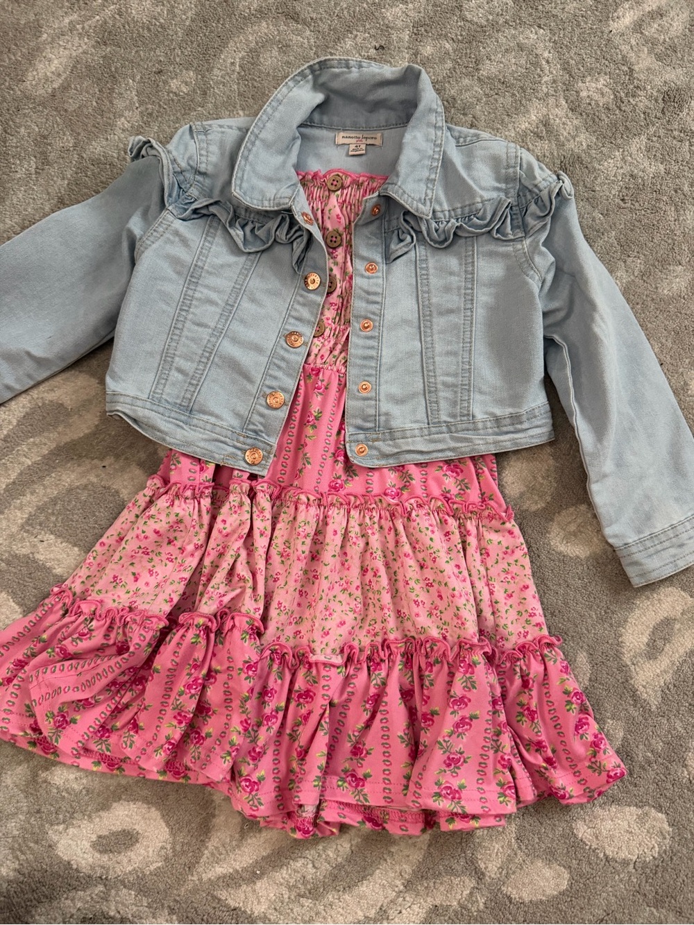 Girls 2 pc Light Wash Denim Ruffle Jacket & Pink Dress